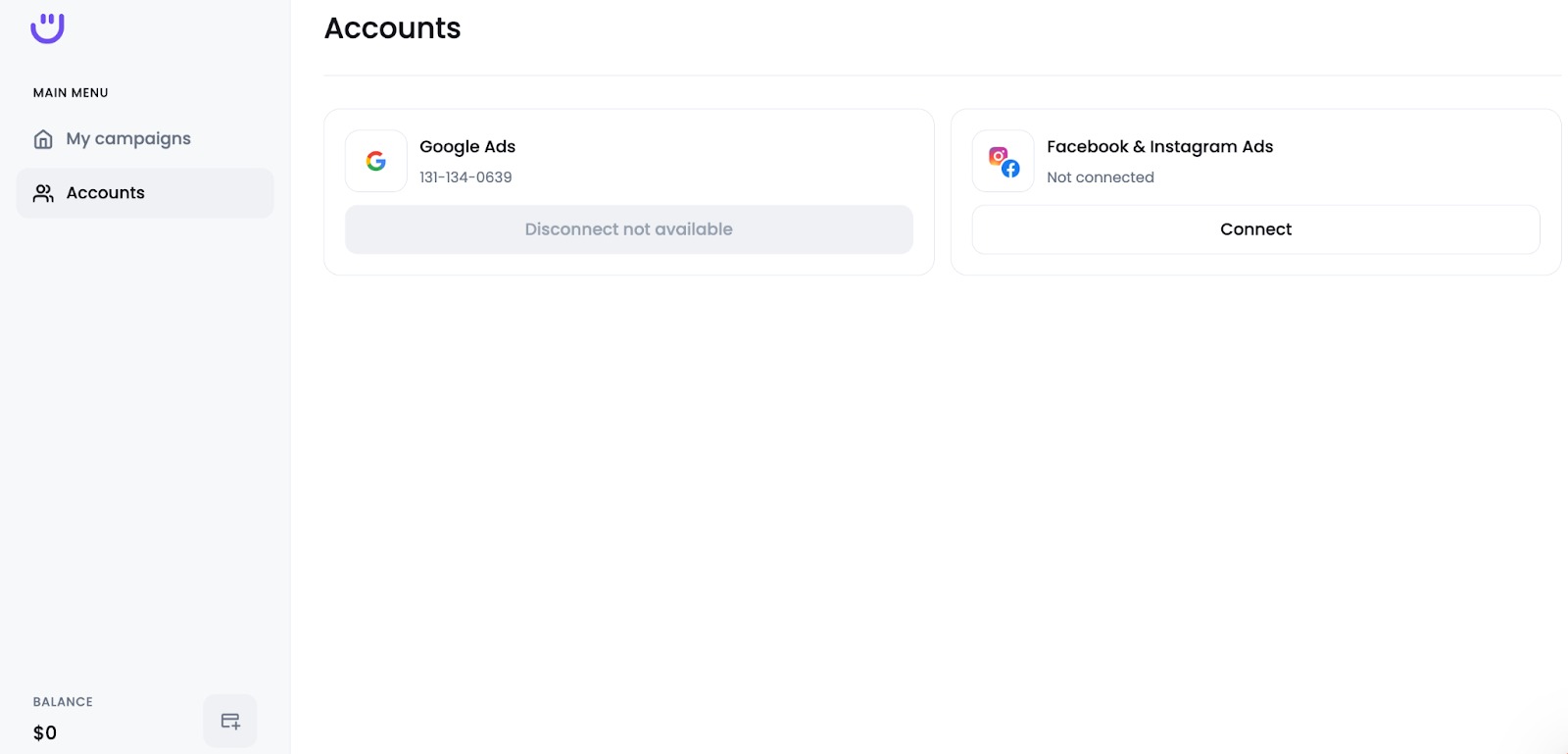 Interface showing the 'Accounts' section in the left-hand menu, providing access to the Accounts page.